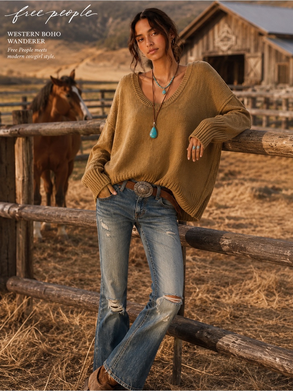 Free People Brookside Tunic Sweater Large Camel Oversized Slouchy V Neck Boho C5 - Picture 3 of 13